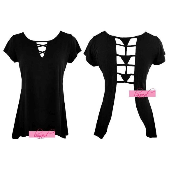 NEW Maurices Open Back V-Neck Backless Crisscross Lace-Up Geometric Tunic Blouse - Picture 1 of 6